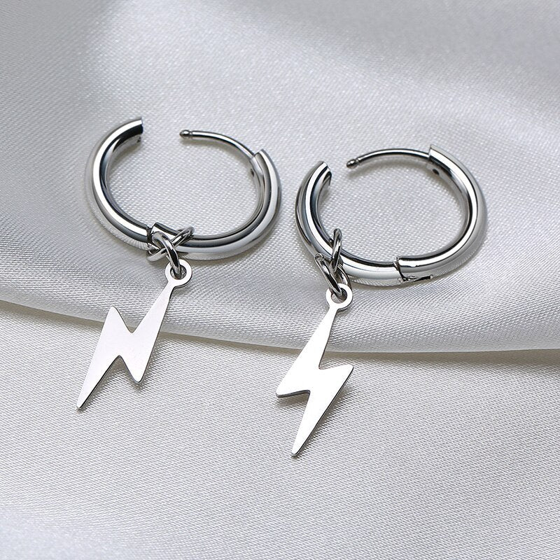 Lightning Bolt Charm Hoop Huggie Silver Color Earrings for Men Stainless Steel Hinge Hoops Lightnings